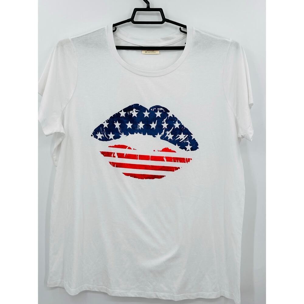 Patriotic Lips Kiss T-shirt Red White Blue USA Womens 2X Bobbie Brooks Kiss me